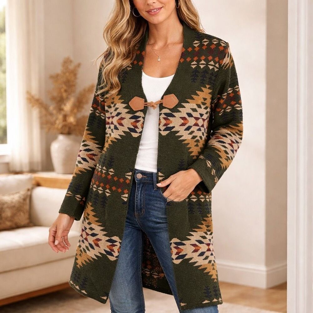 Keren Hart Boho Western Aztec Toggle Cardigan Sweater Olive Longline Women M